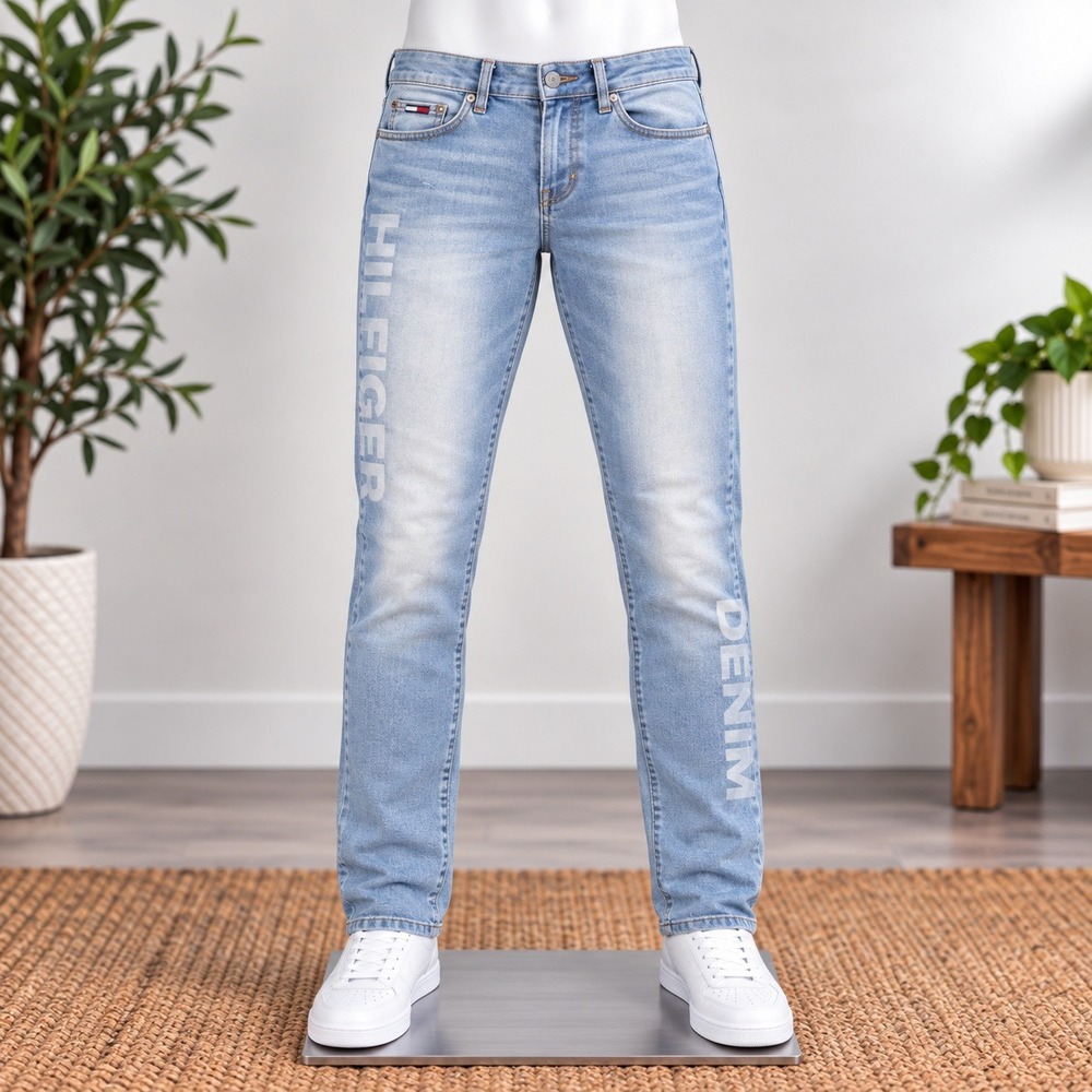 Tommy Hilfiger Skinny Jeans Womens 33 Light Blue Graphic Logo Side Print Denim